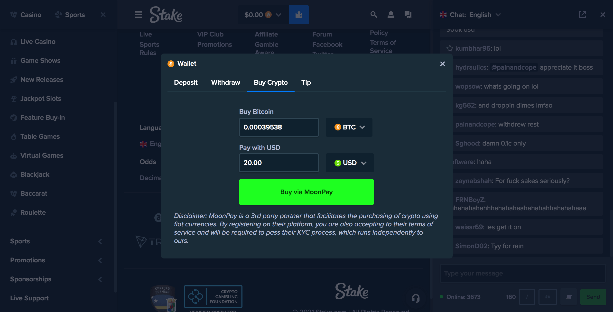 Stake.com Buying Crypto With Fiat