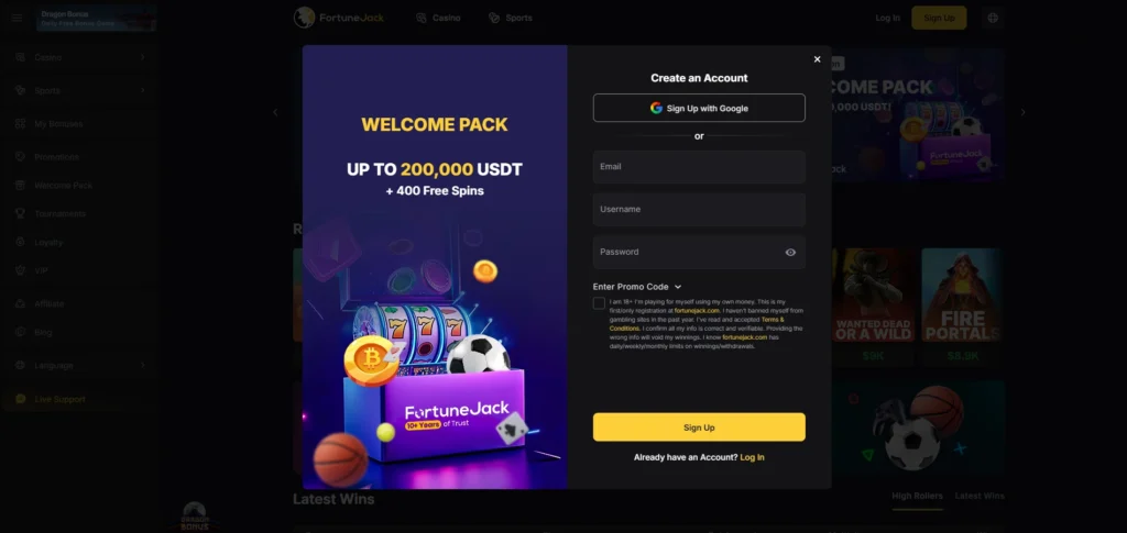 FortuneJack Review: Registration