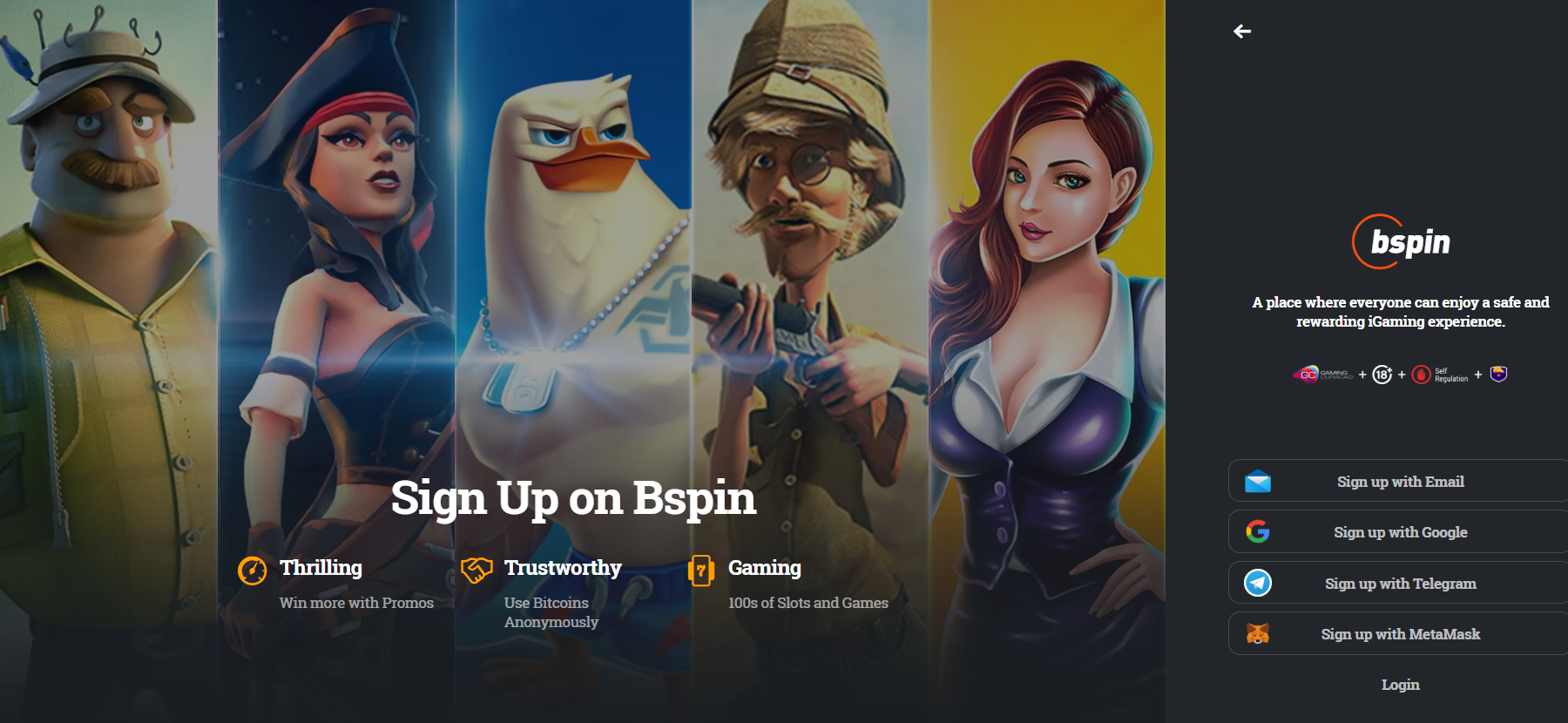 BSpin casino review sign up screenshot