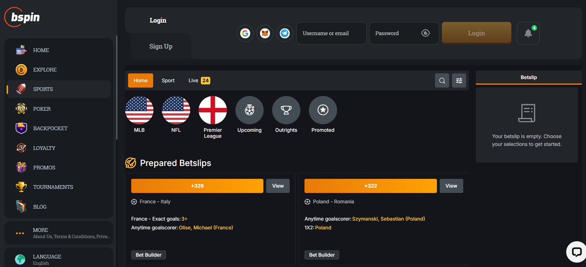 BSpin review sportsbook screenshot