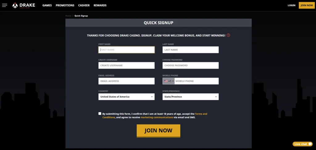 Drake Casino Review: Registration