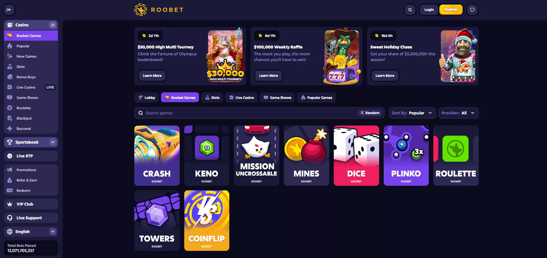Interfejs Roobet casino