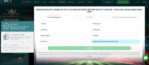 22Bet review registration form screenshot
