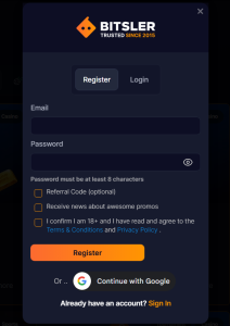 Bitsler review sign up form screenshot