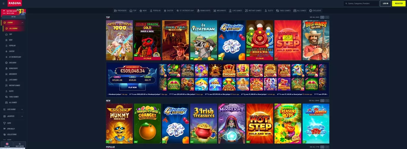 Πλατφόρμα Rabona Casino που δείχνει επιλογές παιχνιδιών και ειδοποιήσεις μπόνους