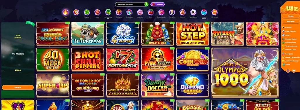 Wazamba kaszinó főoldal képernyőképe