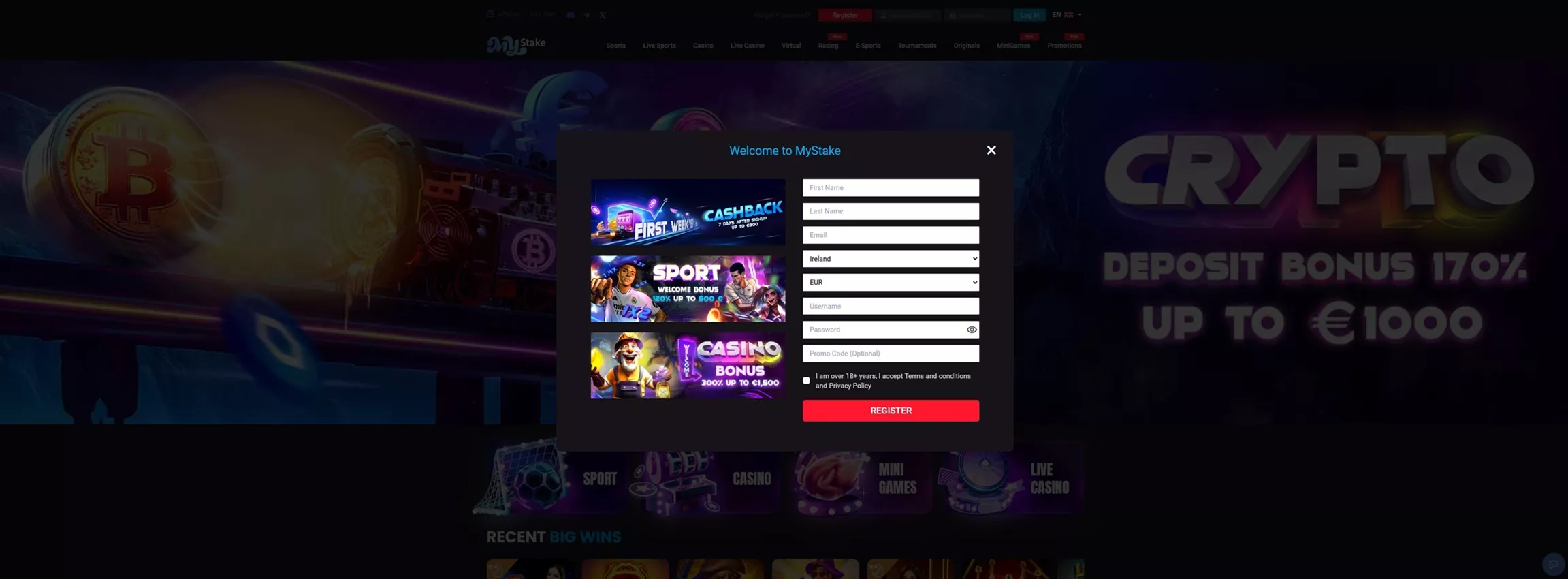 Screenshot of the Mystake casino registration form showing input fields for email, password, and currency.