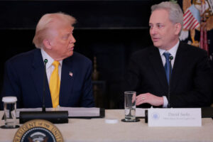 Trump speaking to Crypto Czar David Sacks during The White House Digital Assets Summt on 7 March 2025 in Washington DC