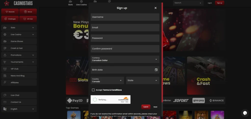 Casinostars Review: Registration