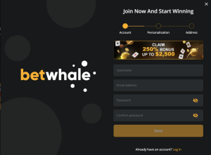 BetWhale casino review sign up form screenshot