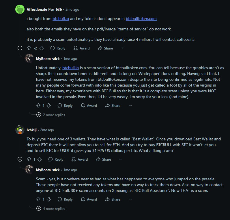 Reddit compliants about btc bull presale