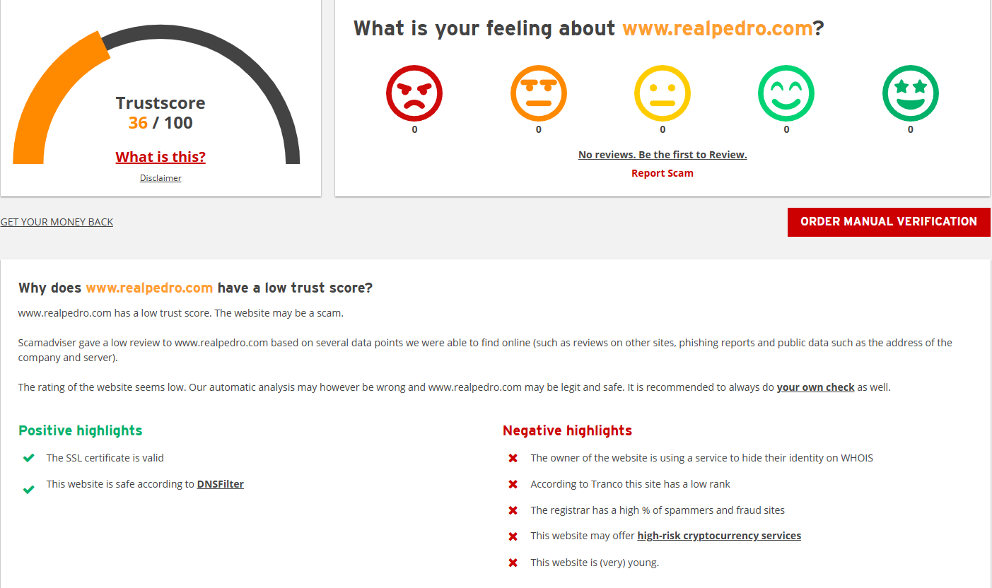 Readpedro.com DNS check. Source: ScamAdviser