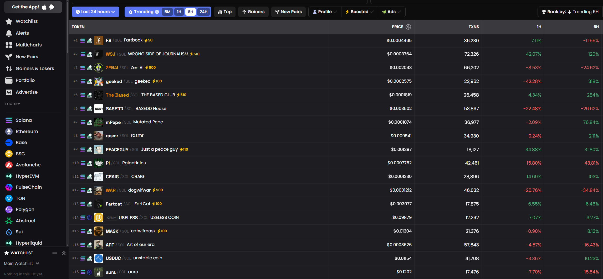 DEX Screener dashboard