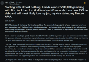 Student admits to Bitcoin gambling addiction on Reddit