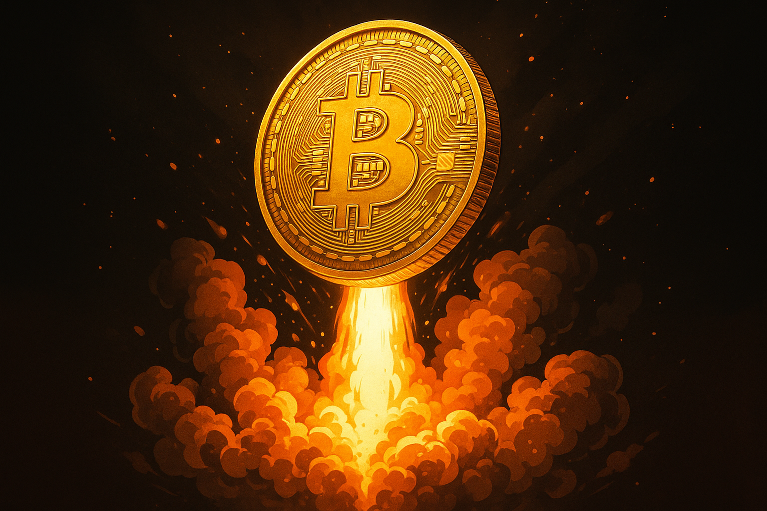 BTC coin being propelled upwawrd as though by rocker fuel