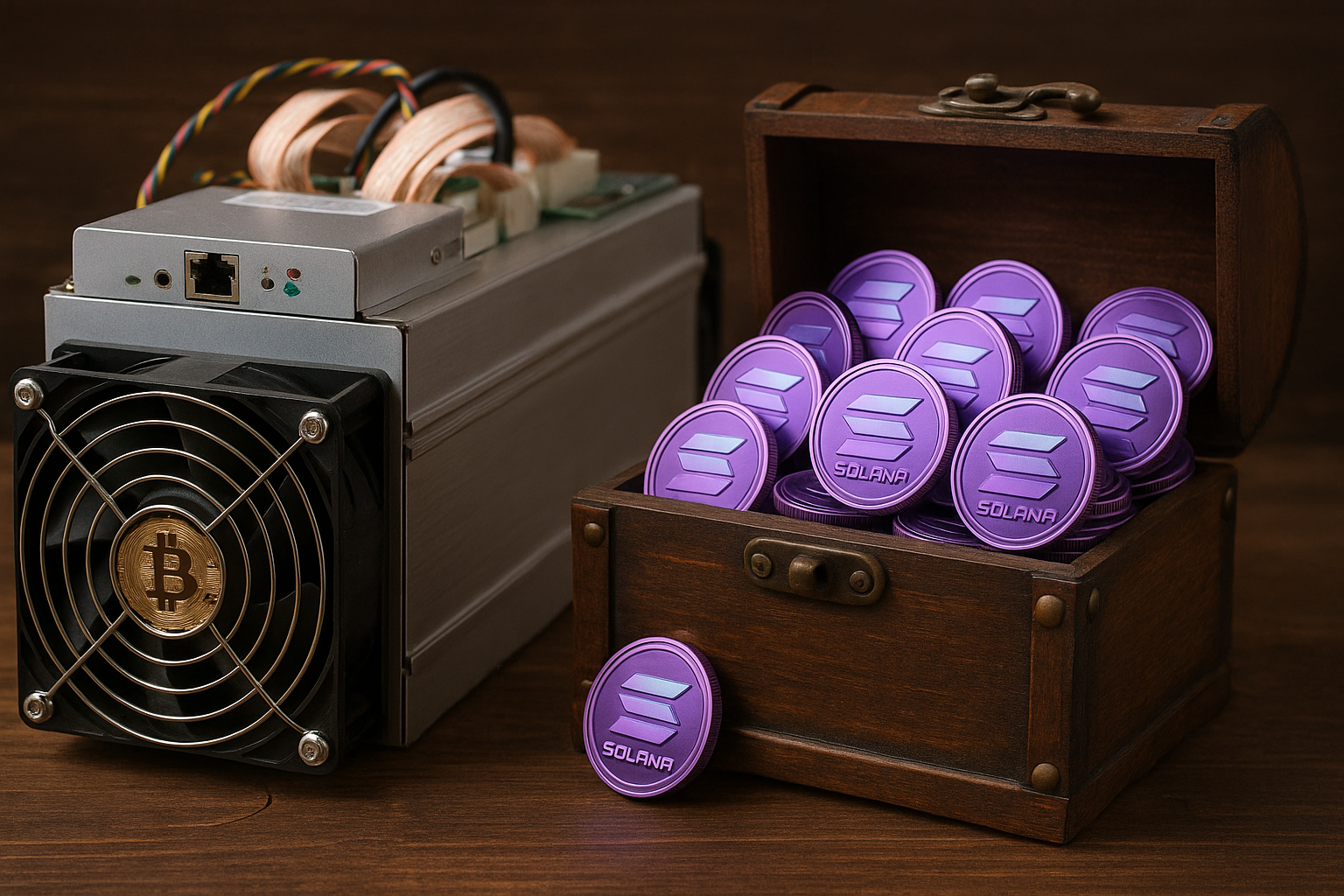 Bitcoin ASIC miner next to a chest full of Solana