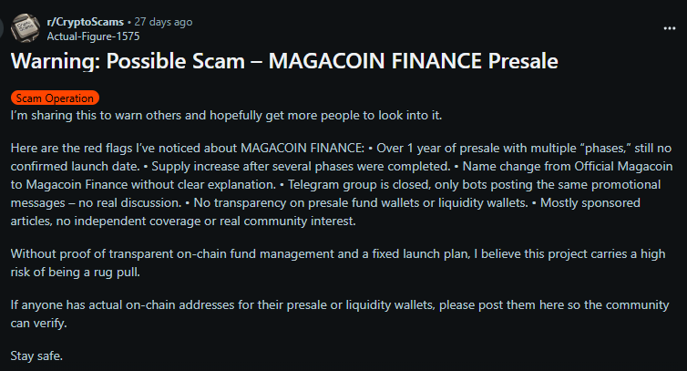 MAGACOIN warning on Reddit