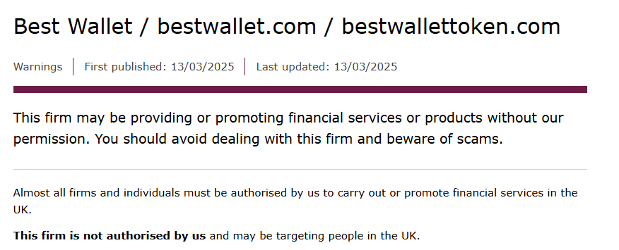 FCA warning on Best Wallet token