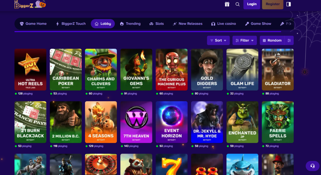 BiggerZ review casino lobby screenshot