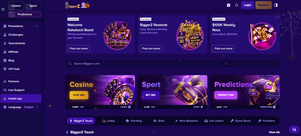 BiggerZ casino review homepage screenshot
