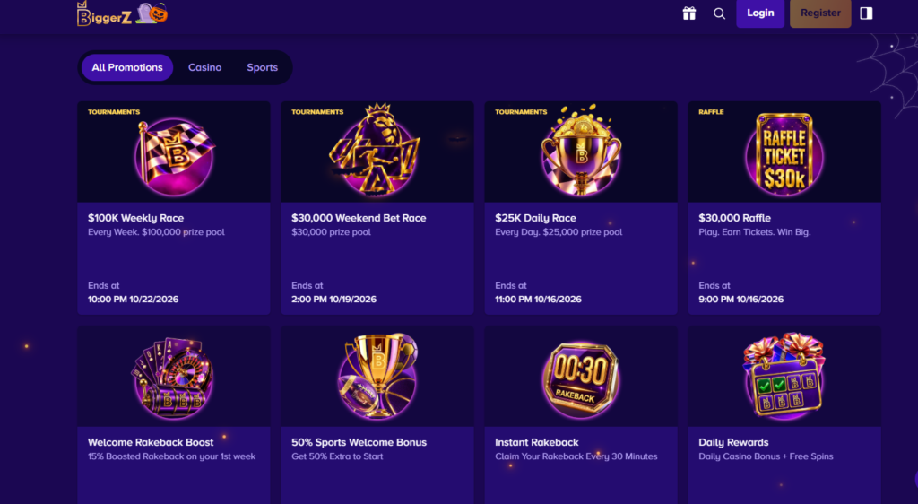 BiggerZ review sports and casino promotions screenshot