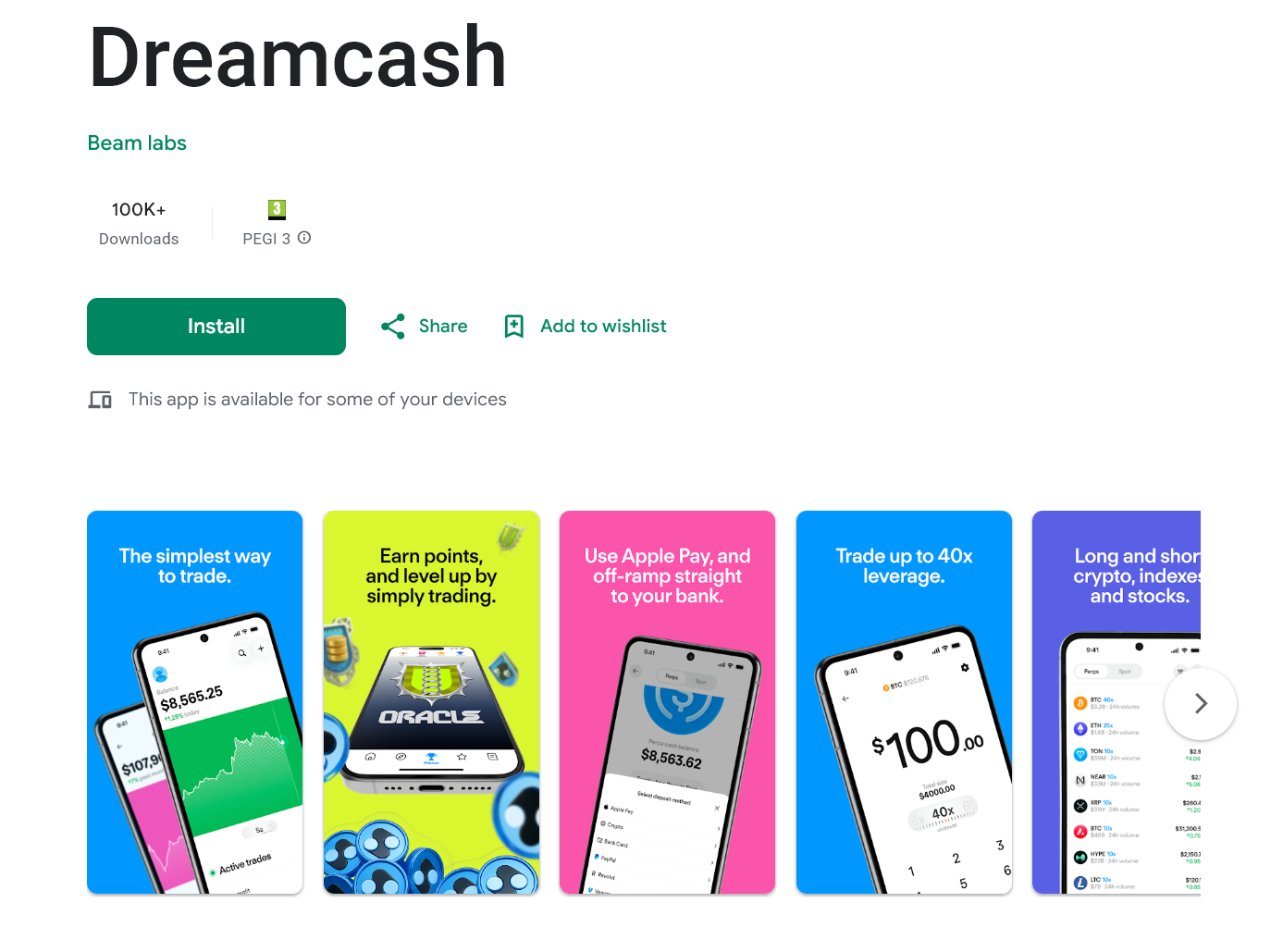 Dreamcash mobile app on the Google Play store