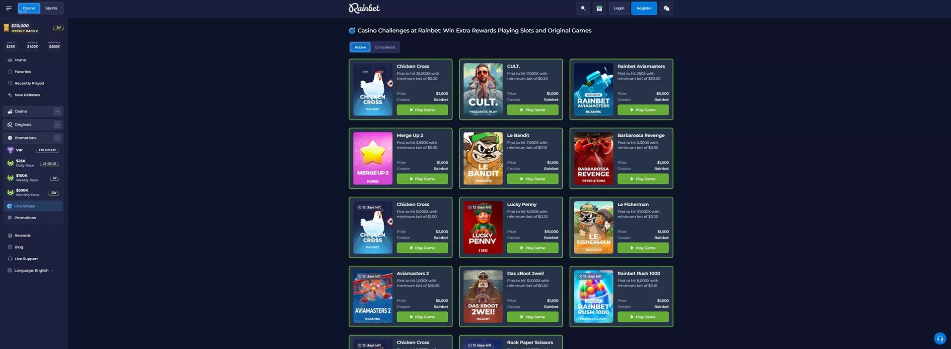 Skärmdump som visar olika kampanjer och bonusvillkor på Rainbet casino