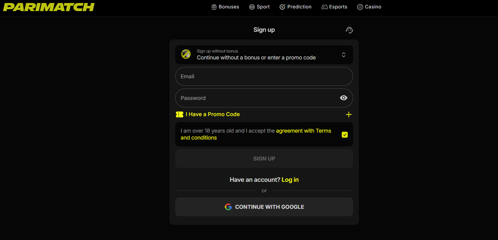 parimatch review sign up screenshot