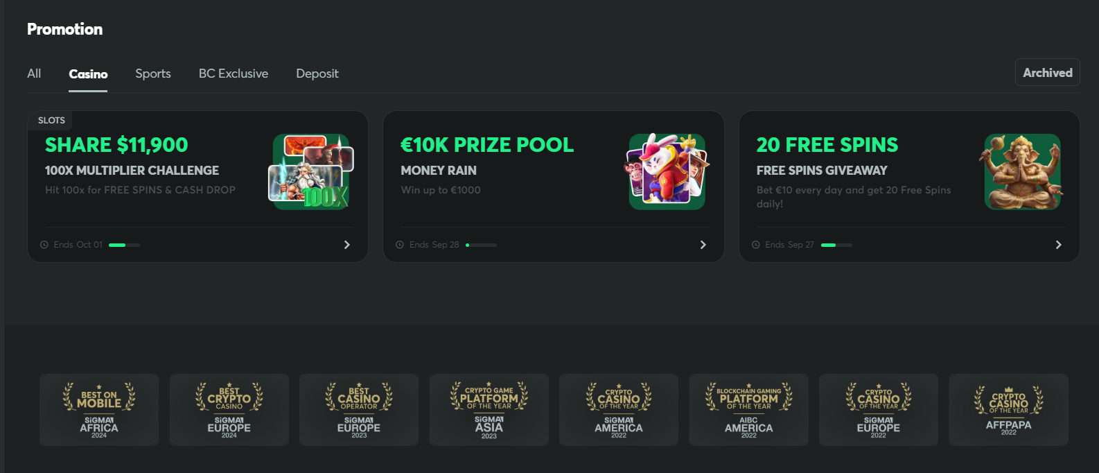 BC.Game casino promotions screenshot september 2026