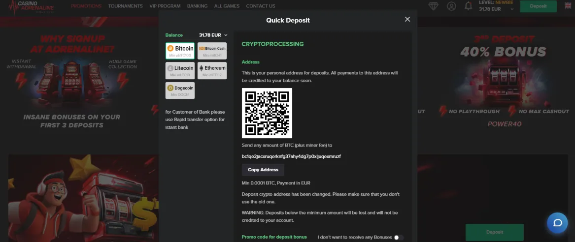 casino adrenaline review crypto deposits screenshot
