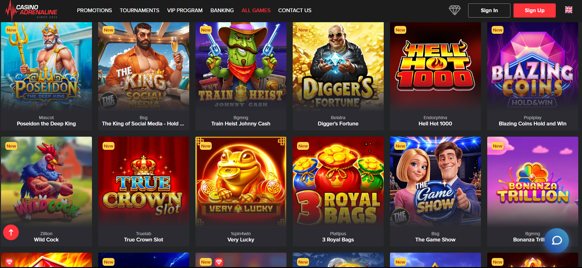 casino adrenaline review games lobby screenshot