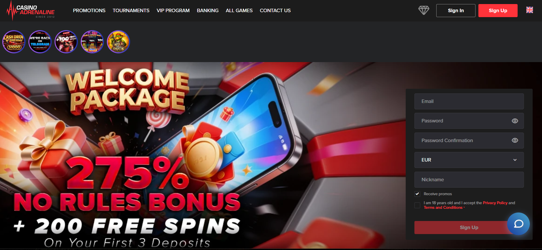 casino adrenaline review homepage screenshot