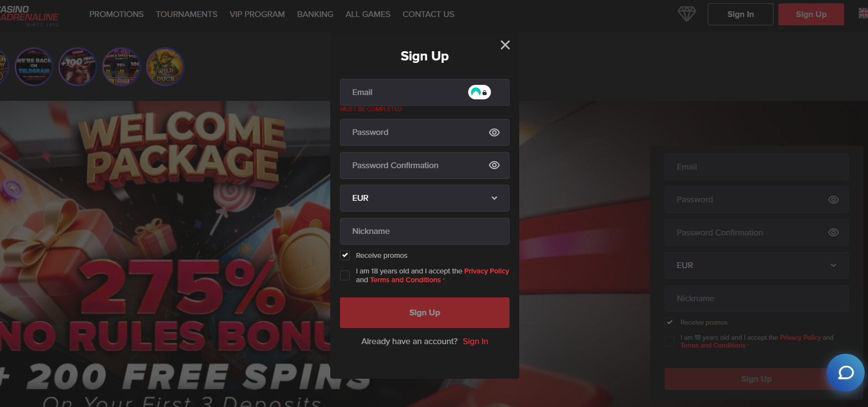 casino adrenaline review sign up form screenshot